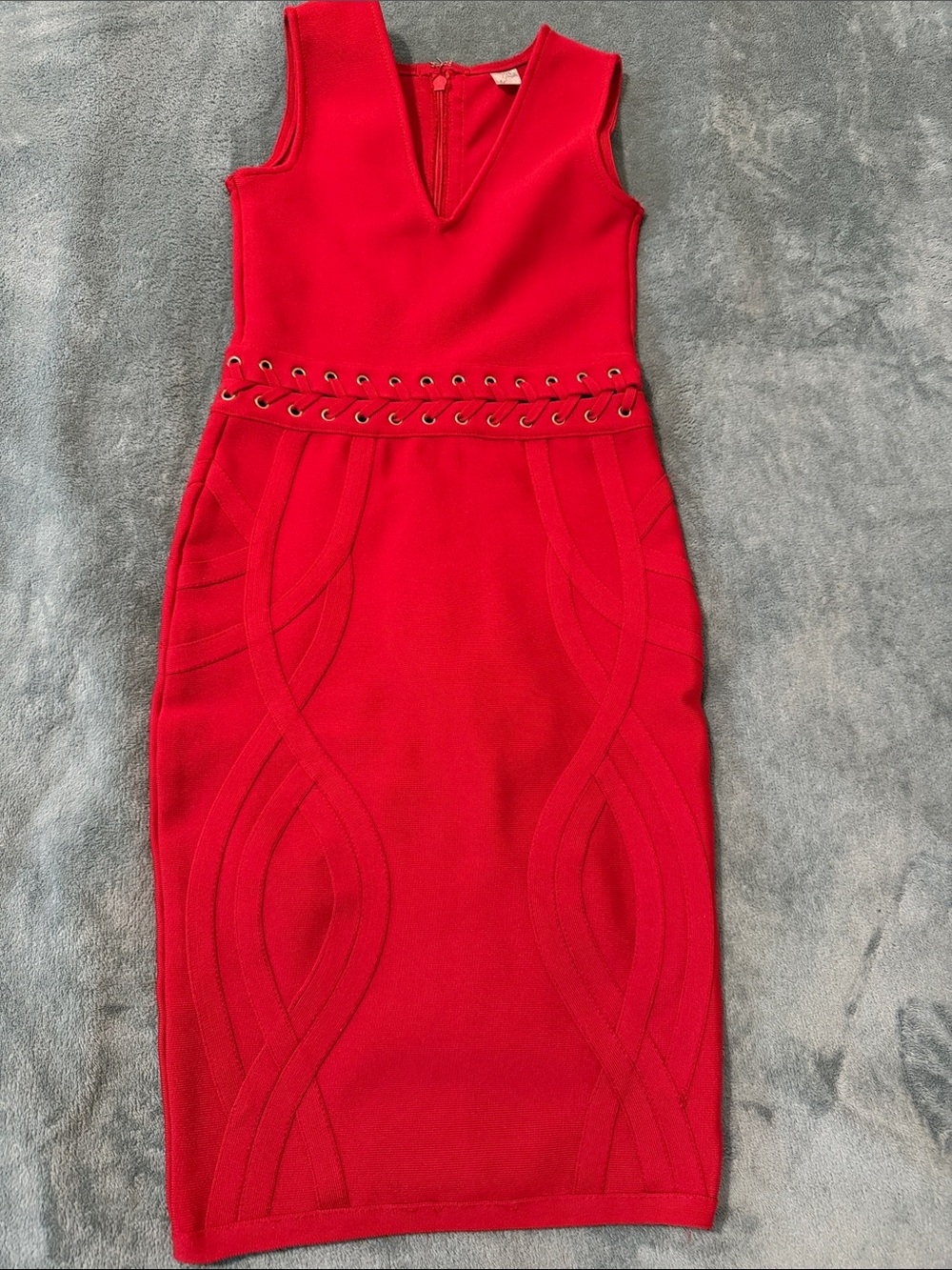 Red Sleeveless Lace-Up Waist Sheath Dress